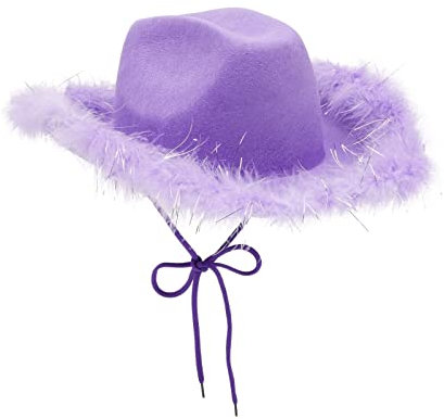 Flauschige Rosa Frauen Filz Cowboyhut Feder Glitzer Cowgirl Hut Kappe Kopfbedeckung Verkleidung Halloween Party Karneval Kostüm Zubehör (Lila Silber, Einheitsgröße)