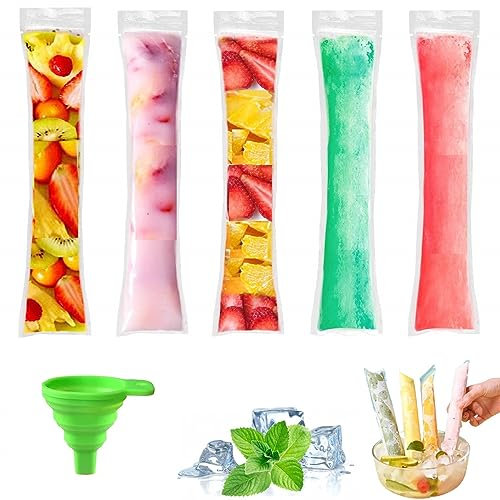 Eis am Stiel,Wassereis Tüten Eisformen,Wegwerf Eis Pop Form,Einweg-Eisbeutel mit Reißverschluss,Hausgemachte Snack,DIY Joghurt Sticks Frucht Smoothies,Eis Pop Form mit Trichter,50 Stück(5.5 x 28 cm)