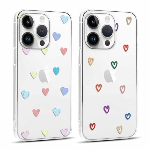Yoedge 2 pezzi Cover per Apple iPhone 14 Pro 6,1 - Custodia Cuori per Telefono in Trasparente con Aesthetic Disegni Cuore d'amore, Custodie per Cellulare TPU per iPhone 14 Pro case per Ragazza Donne