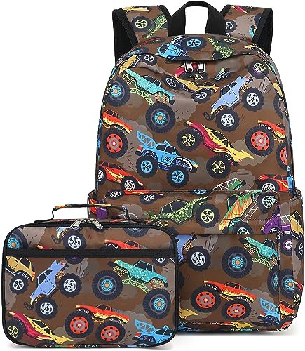 LEDAOU Kinder Schulrucksack mit Lunchbox für Jungen Kindergarten BookBag Schultasche Vorschule Kindergarten Kleinkind Rucksack, Geländewagen braun