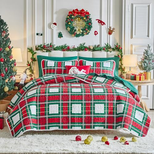 Flysheep Weihnachts-Bettwäsche-Set, 3-teilig, Queen-Size-Bett, rot, grün, weiß, kariert, wendbar, weiche Mikrofaser, leichter Bettbezug für alle Jahreszeiten (228,6 x 228,6 cm, 1 Steppdecke + 2