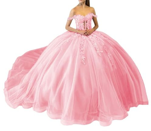 Robes de quinceanera à paillettes scintillantes en dentelle à épaules dénudées avec train Princesse Robe de bal en tulle bouffante, rose, 46