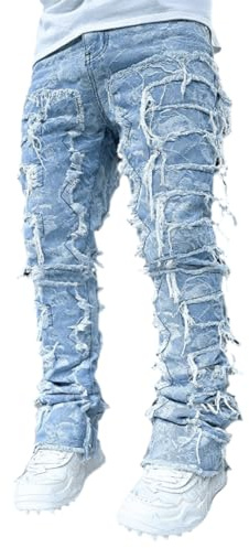 Jeans for Men Stretch Fit Skinny Stacked Ripped Destroyed Jeans Slim Fit Patch Y2K Denim Pants Slim Fit Trousers Streetwear, Flower Print, XXL