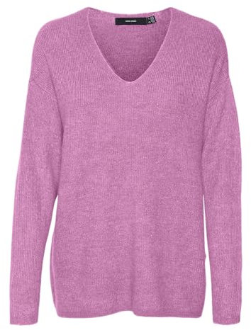 VERO MODA Damen Vmcrewlefile V-Neck Blouse Noos Strickpullover, Fuchsia Pink/Detail:Melange, XS EU
