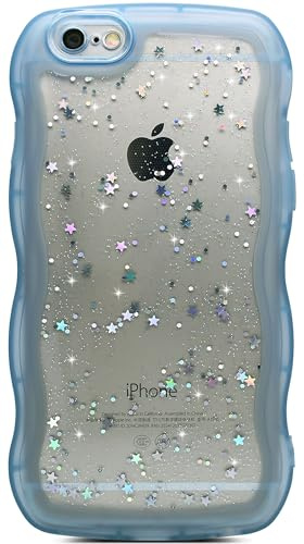 Qokey Handyhülle für iPhone 6S/6 4,7 Zoll, Wellendesign, transparent, glitzernd, glänzend, niedlich, Sterne, vollständiger Schutz, stoßfeste Schutzhülle aus weichem TPU, für Damen, Mädchen, Blau