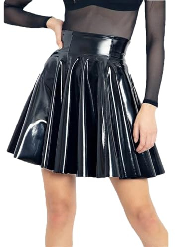 Damen Faltenrock aus Kunstleder, einfarbig, kurz, lässig, PVC, A-Linie, Minirock, Party, Schwarz , XXXL