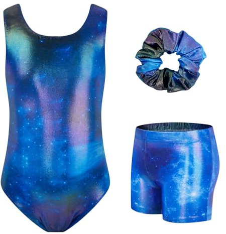 JiAmy Gymnastikanzug Mädchen, Turnanzug Kinder mit Hose Haarband Set, Glänzendes Gymnastik Turnanzug Leotard für 11-12 Jahre