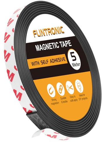 Flintronic 5M Rotolo di Nastro Magnetico, Nastro Magnetico Autoadesivo, Striscia Calamitata con Nastro Adesivo 3M, per Tende, Foto, Poster, Magneti per Frigorifero, Zanzariere, Domestico(1cm*1.5mm)