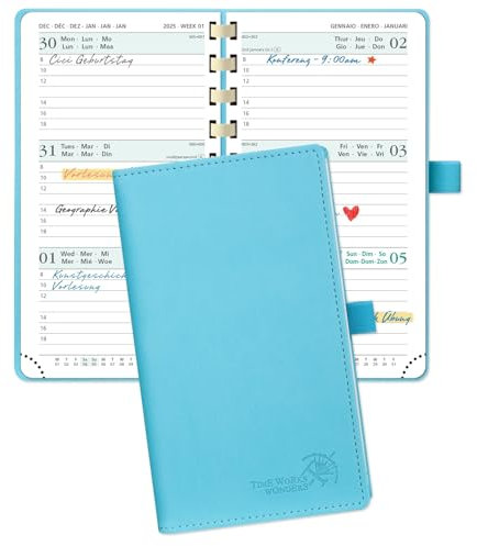 POPRUN Taschenkalender 2025 Klein 16,5 x 9 cm (Jan.2025-Dez.2025) - Kalender 2025 Klein Ringbuch mit Softcover - Terminplaner, Planer 1 Woche 2 Seite mit Kartenschlitz - Blaugrün