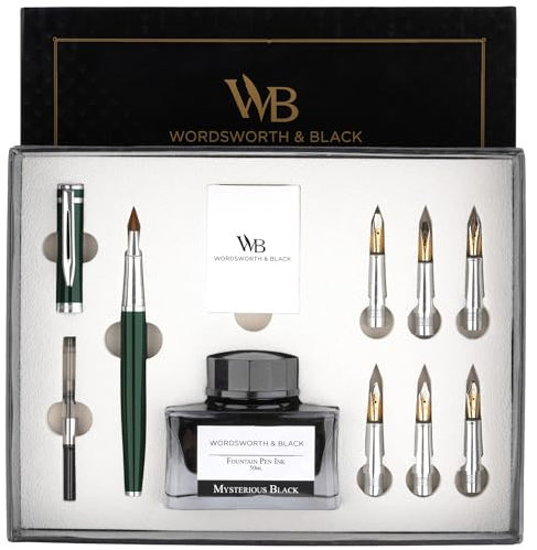 Wordsworth & Black Set regalo penna per calligrafia, include bottiglia d'inchiostro, 6 cartucce d'inchiostro, convertitore ricarica d'inchiostro, 6 punte di ricambio, Pacchetto Premium [Cromo Verde]