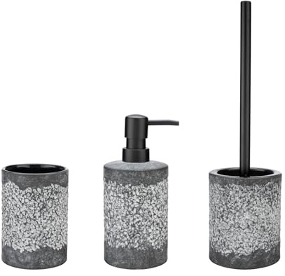 WENKO Bad-Accessoire Set Anfo Grau, 3-teilig, Bad Rundum-Set aus 390 ml Seifenspender, Zahnputzbecher und WC-Garnitur, Keramik/Edelstahl, Grau