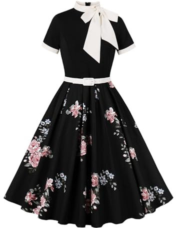 Odizli Rockabilly Kleider Damen 60er 50er Jahre Vintage Audrey Hepburn Kurzarm Krawatte Polka Dot Petticoat Swing Coctailkleid Hochzeit Festlich Knielang Sommerkleid Kurz Abendkleid Schwarz Rosa M