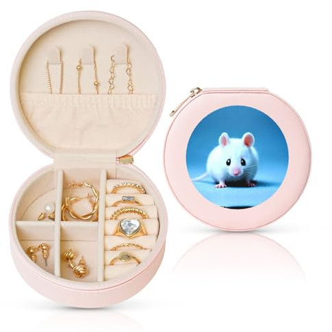 PHAYAH Niedliche Mäuse, runde Reise-Schmuckschatulle, Leder-Schmuckring-Organizer für Mädchen, Damen (Rosa)