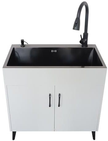 Fregadero de Cocina Comercial,Mueble Bajo Fregadero,Lavabo Grande Armario Inferior con 2 Puertas,con Grifo Patas Escurridor,con Dispensador de Jabón,para Restaurante,LavanderíA.(Wit,50x40x78cm)