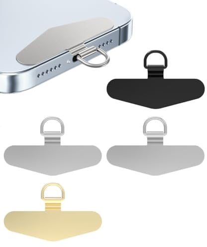 Bmeigo 4PCS Phone Tether Tags, Metal Cell Phone Tether Tabs Without Adhesive Lanyard Patch Reusable Stainless Steel Pads for Universal Mobile Phone Smartphone Drop Protection(Black/Silver/Gold)