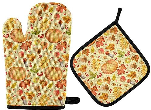 Vikeiac Set di guanti da forno autunnali con funghi zucca e presine con foglie di quercia, guanti da cucina resistenti al calore, guanti da cucina per barbecue, cottura alla griglia