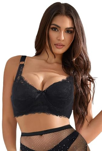 ohyeahlady Spalline Regolabili Reggiseno Donna Pizzo Push Up con Ferretto Reggiseni Coppa Completa Brassiere in Morbida Bikini Bralette Invisibile Bra Bustino Top Elegante Intimo Curvy Nero,IT 6D