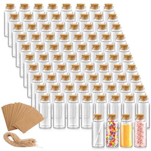 YOUNTHYE 72Pcs Mini Glass Bottles, 30ml Small Glass Jars with Cork Stoppers, Glass Wishing Bottles with Label Tags and String, Empty Wedding Favours Bottles for Arts & Crafts, Decoration
