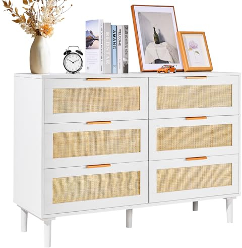 VEVOR 6 Drawer Rattan Dresser, Boho Dresser, Rattan Chest of Drawers with Spacious Storage, Natural Rattan Dresser for Bedroom, Living Room & Hallway,Rattan Nightstand with Sturdy Handles&Legs, White