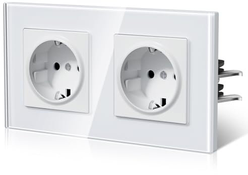 BSEED Enchufes Pared con Cristal,Enchufe doble Empotrable Estándar,Instalación Con Garfio,Conexión sin Destornillador,Seguridad infantil,E-Serie,2 Enchufes,157mm Blanco