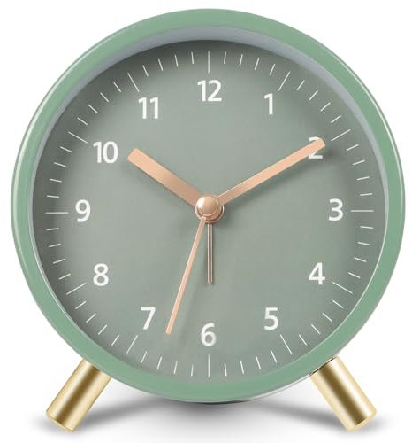 HaoHanEup Analog Alarm Clock, Silent Non Ticking Alarm Clocks with Light, Battery Operated, Classic Simple Round Alarm Clocks Bedside, Fashionable Metal Alarm Clock for Bedroom, 10cm (Green)