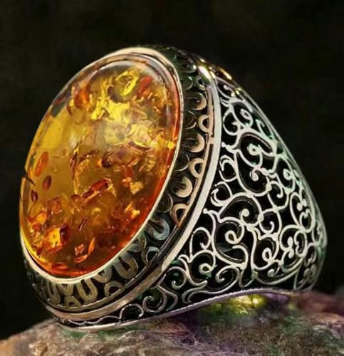 GWSGSFAS Schmuck Retro Natur Smaragd Alt Silber Geschnitzt Totem Herren Ring-Bernstein-10