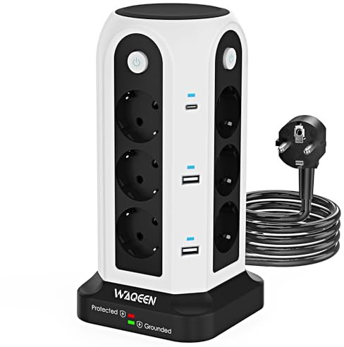 WAQEEN Mehrfachsteckdose mit 12 AC Steckdosen, 2 USB-C & 4 USB-A, 4 Schaltern, Überspannungsschutz, 2 m Kabel, feuerfestem Material, Steckdosenturm ideal für Büro, Küche & Zuhause – Weiß/Schwarz