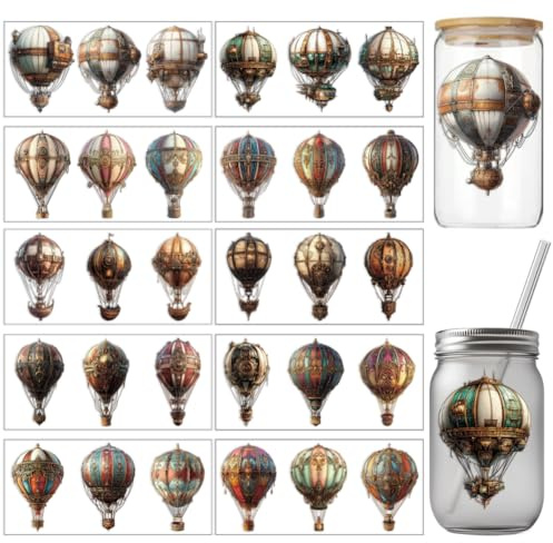 arricraft 10 Stück Steampunk Heißluftballon Cup Druck UV Transferpapier 10 Stil Aquarell Vintage Heißluftballon UV DTF Cup Wrap Aufkleber Für 16 OZ Glasbecher Handwerk