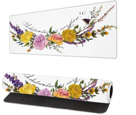 Gaming Mauspad Weiß XXL 600x300x3mm, Blume Mousepad groß Schreibtischunterlage, Mouse Pad mit Vernähte Kanten, WassXerdicht Anti-Rutsch Mousepad Desk Pad, Verbessert Präzision und Geschwindigkei S-3