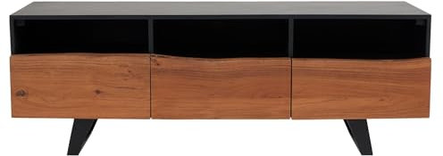 Licht-Erlebnisse TV Lowboard Akazienholz MDF Eisen 140 x 50 cm (BxH) Baumkante 3 Fächer Schubladen in Natur Anthrazit Schwarz Fernsehboard