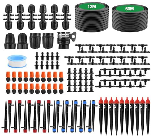 Feelhap Kit per Irrigazione a Goccia, 60+12M Kit Irrigazione Serra Sistema di Irrigazione da Giardino, 144 Pezzi DIY Kit di Micro Irrigazione Automatico Regolabili per Giardino Serra Impianto Prato