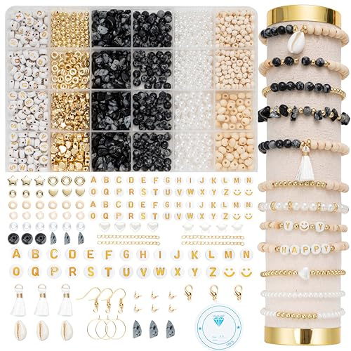 Leuyuee Natürliche Amazonit Perlen Edelstein Perlen Set Zum Auffädeln 1679 Stück Glasperlen Kit Perlenset Beads für DIY Schmuck Halskette Ohrringe Kette für Kinder Erwachsene (schwarz und weiß)