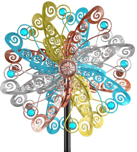 Solar Windrad Garten Metall, Windmühle für den draußen, Windspiel Windblätter 3D Optik, Windspinner Spinner Skulpturen Windfänger für Außenterrassen Patio Rasen (Farbenfroh-2 Blätter)