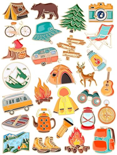 JUNEBRUSHS 28 pcs Camping Enamel Funny Outdoors Adventure Brooch Pins Lapel Pins for Camping Adventure Birthday Party Decorations Gift Supplies Clothes Backpacks Decor Accessories