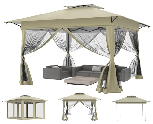Aufun Gazebo da giardino Pop Up Padiglione 4x4m, protezione UV e zanzare, stabile gazebo pieghevole regolabile in altezza, tenda da giardino con 4 pannelli laterali con zanzariera e tetto doppio