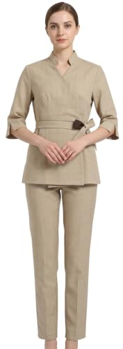 JOINPAYA Tenue Esthéticienne 2 Pièces Col V Uniforme Salon De Beauté Femme Vêtements De Travail Respirants À Manches Longues Pour Spa Institut De Beauté Restaurant