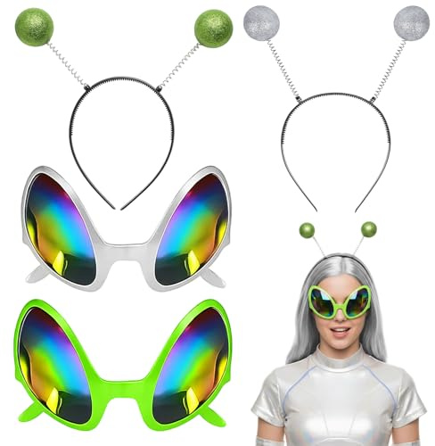 PDirat 4 Stück Alien Haarreif, Alien Kostüm Set mit Brille und Stirnband, Weltall Kostüm Zubehör für Erwachsene, Partnerkostüme Accessoires in Weiß und Grün