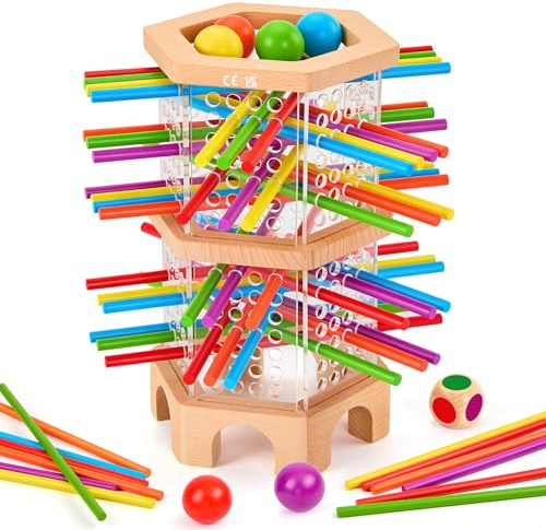 Montessori Spielzeug ab 3 Jahre, Holz Kinderspiele Brettspiel Geschenke | 42 Bunte Holzstäbchen Lernspiele, Reisespiel Würfelspiele Jungen Mädchen Geschenk ab 3 4 5 6 Jahren