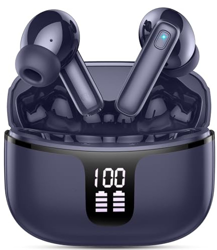 Bluetooth Kopfhörer, Kopfhörer Kabellos Bluetooth 5.3 mit HD Mic Stereo HiFi, In Ear Kopfhörer 40H Sport Kopfhörer LED Display, Kabellose Kopfhörer USB-C IP7 Wasserdicht USB-C für Android/iOS, Blau