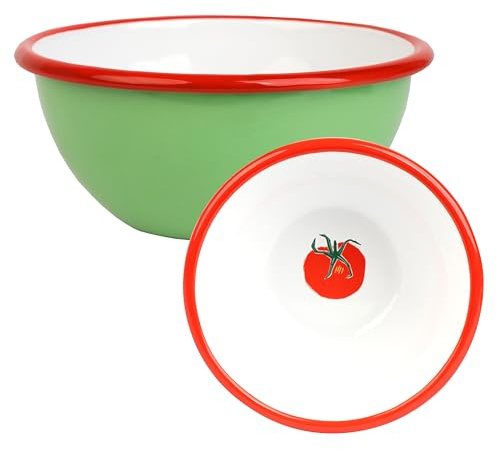 Talking Tables Handmade Green Enamel Bowl 14cm Tomato Motif Inside, Shatterproof & Dishwasher Safe, Reusable Tableware for Indoor & Outdoor Dining, Snacks, Desserts, BBQs & Picnics