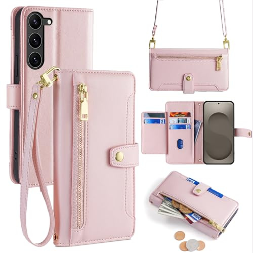 betterfon Handykette kompatibel mit Samsung Galaxy S26 – Leder Handyhülle mit Kartenfächern zum Umhängen, Schutzhülle mit Band, Rosa