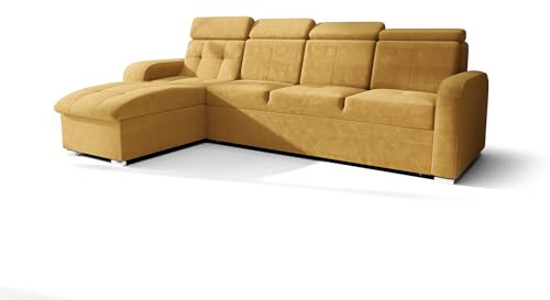 O-Sofa Ecksofa Kongo RBN10, Eckcouch in L-Form mit Schlaffunktion, Farbe: Gelb, Velourstoff, Ottomane Links