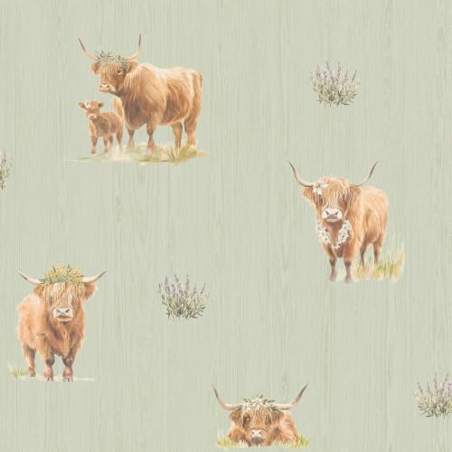 Holden Highland Cow Wallpaper, Sage Green (14380) | Living room, dining room and home office, scattered cow and heather motifs, woodgrain texture, spongeable
