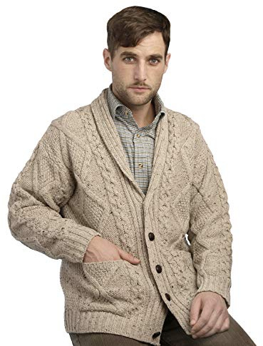 Aran Crafts Men's Irish Cable Knitted Cardigan Sweater (100% Merino Wool)