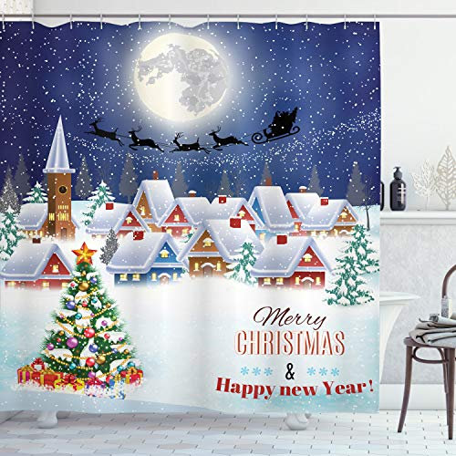 ABAKUHAUS Weihnachten Duschvorhang, Winter-Himmel-Mond-Stern, Stoffliches Gewebe Badezimmerdekorationsset mit Haken, 175 x 200 cm, Weiß