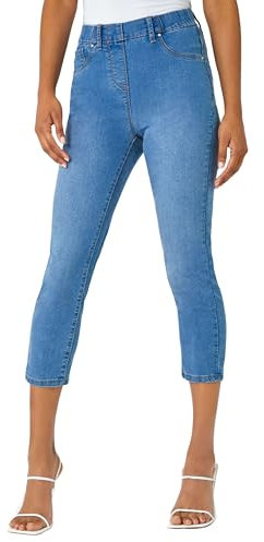 Roman Originals Cropped Jeggings for Women UK Ladies Capri Stretchy Jeans Denim Legging Cotton Summer Trouser Three Quarter 3/4 Length Pull On Cut Off High Waist Smart - Denim Blue - Size 20