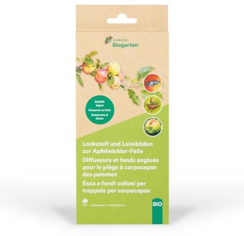 Andermatt Biogarten Apfelwickler Lockstoff Nachfüller – 2 Dispenser + 4 Leimblätter + 2 Halter – Pheromon Lockstoff für Falle – zur Befallserkennung & Kontrolle – für Apfel, Birne & Quitte