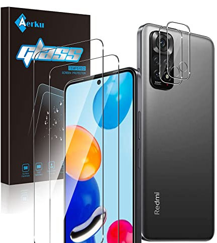 Aerku Protector de Pantalla para Xiaomi Redmi Note 11 + Protector de Lente de Cámara [2 + 2 Piezas], 9H Ultra Resistente Cristal Templado Vidrio Templado para Redmi Note 11