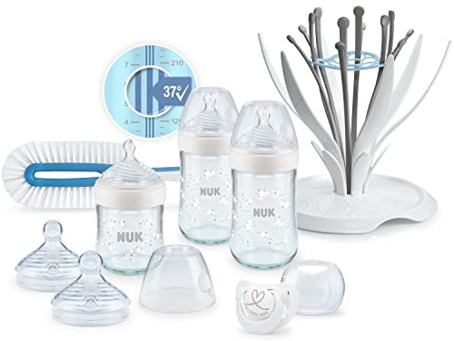 Nuk Nature Sense Lot de biberons en verre, 0-6 mois, 3 biberons, 2 tétines, Goupillon, Support de séchage, Sucette Genius, Blanc, 8 unités 10225225