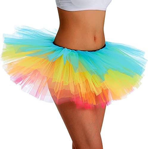 Phantomon Tutu Rock Damen Teenager Klassisch Elastisch 5 Schichten Tüll Ballettrock 1950er Vintage Stil Kurzer Rock Erwachsene Größe, Regenbogen, Einheitsgröße